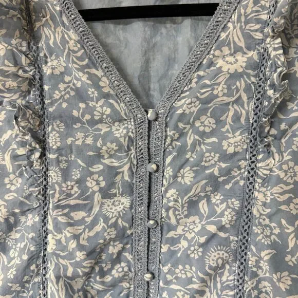 Lucky Brand Lace Trim Ruffle Shoulder Flounce Floral Mini Dress Blue White Small - Picture 8 of 10